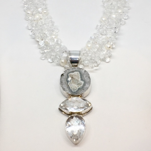 Sterling Silver Crystal/Pearl & Agate Necklace - Picture 2 of 7